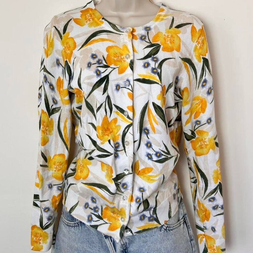 Karen Scott Yellow and White Floral Cardigan